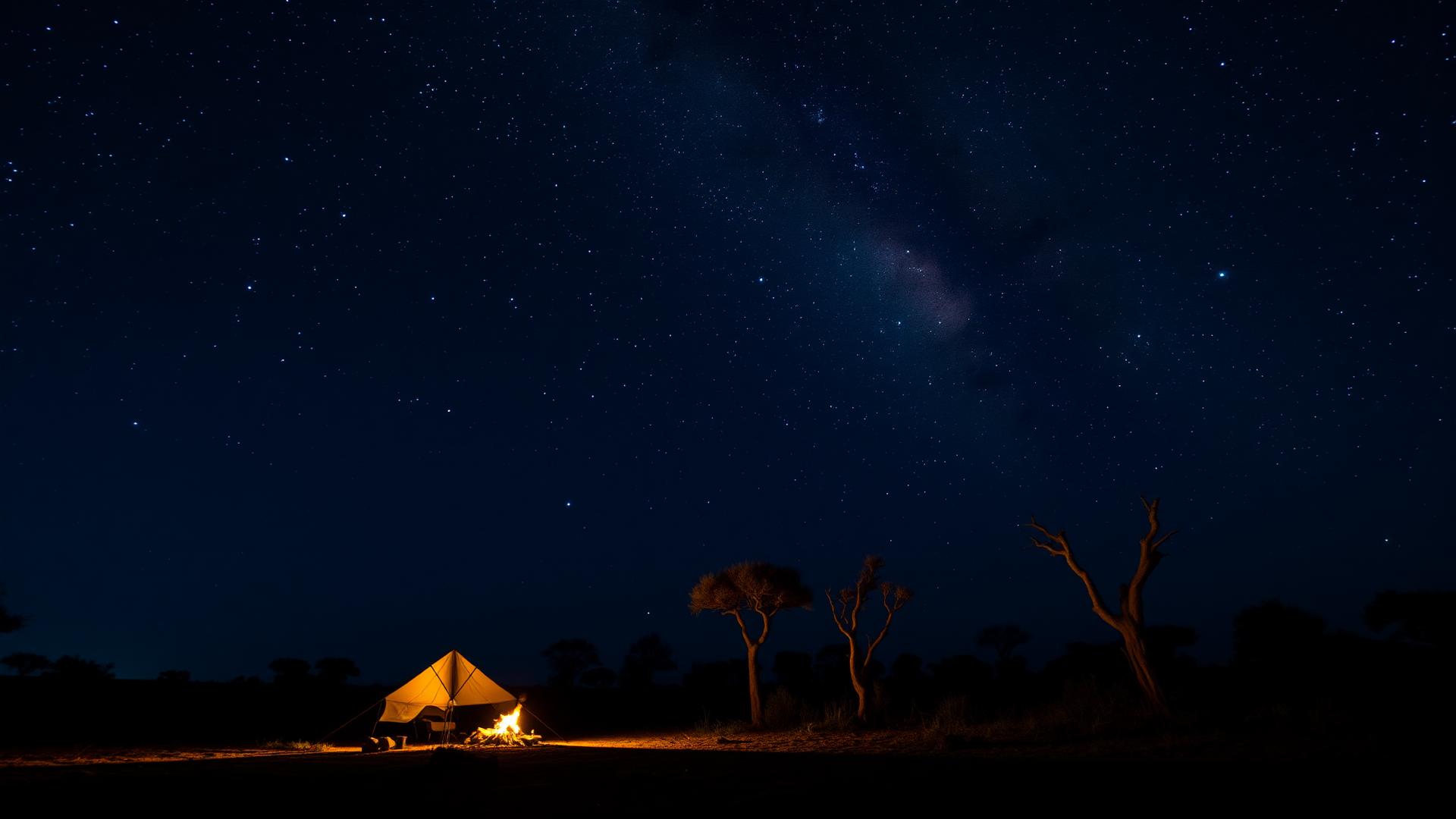 A lantern-lit safari tent and campfire beneath a star-filled African sky