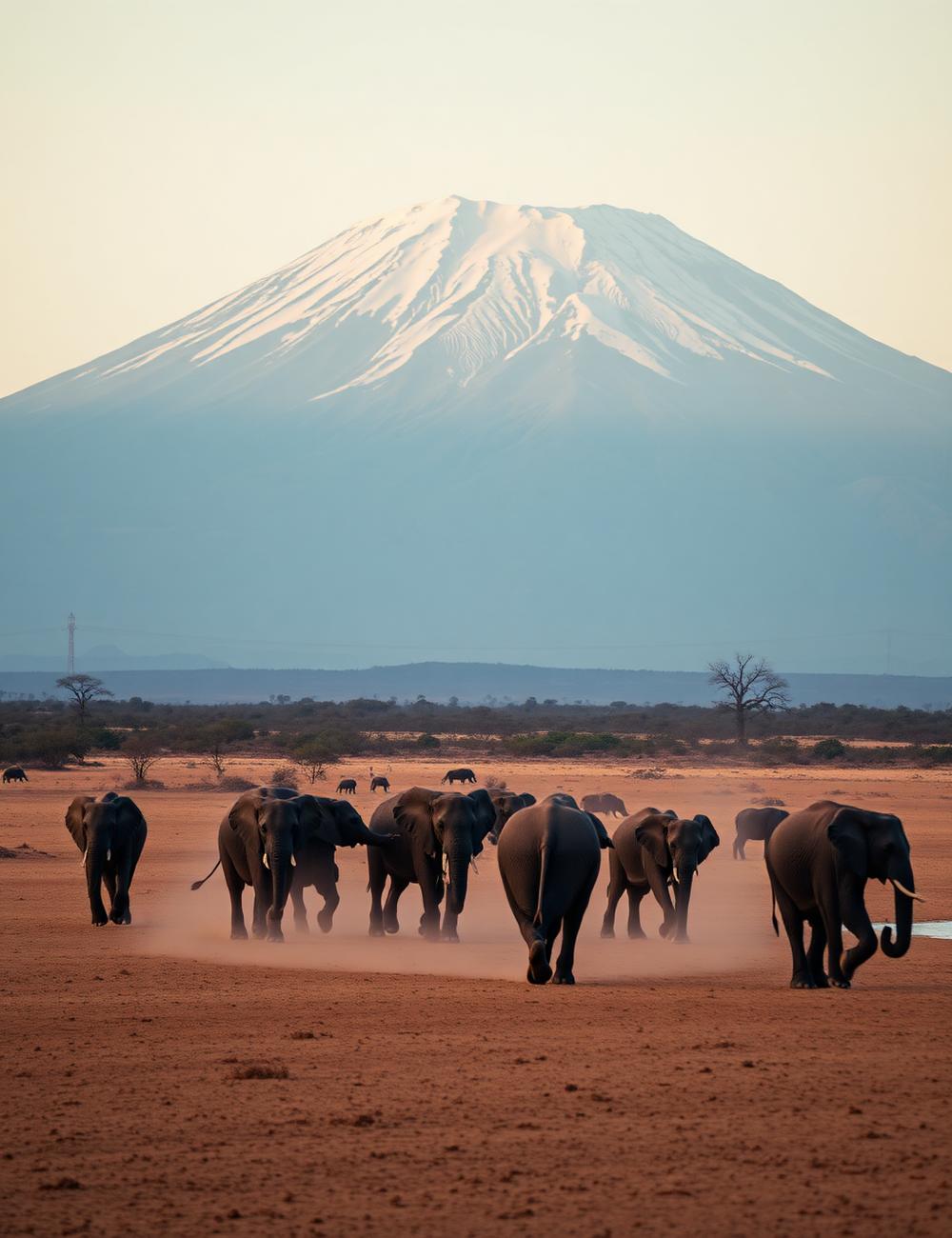 Elephants crossing a dusty plain beneath Mount Kilimanjaro in Amboseli