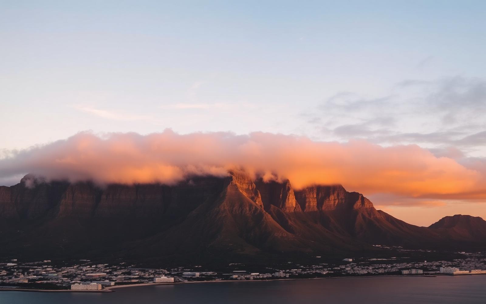 Table Mountain draped in golden cloud above Cape Town at dusk