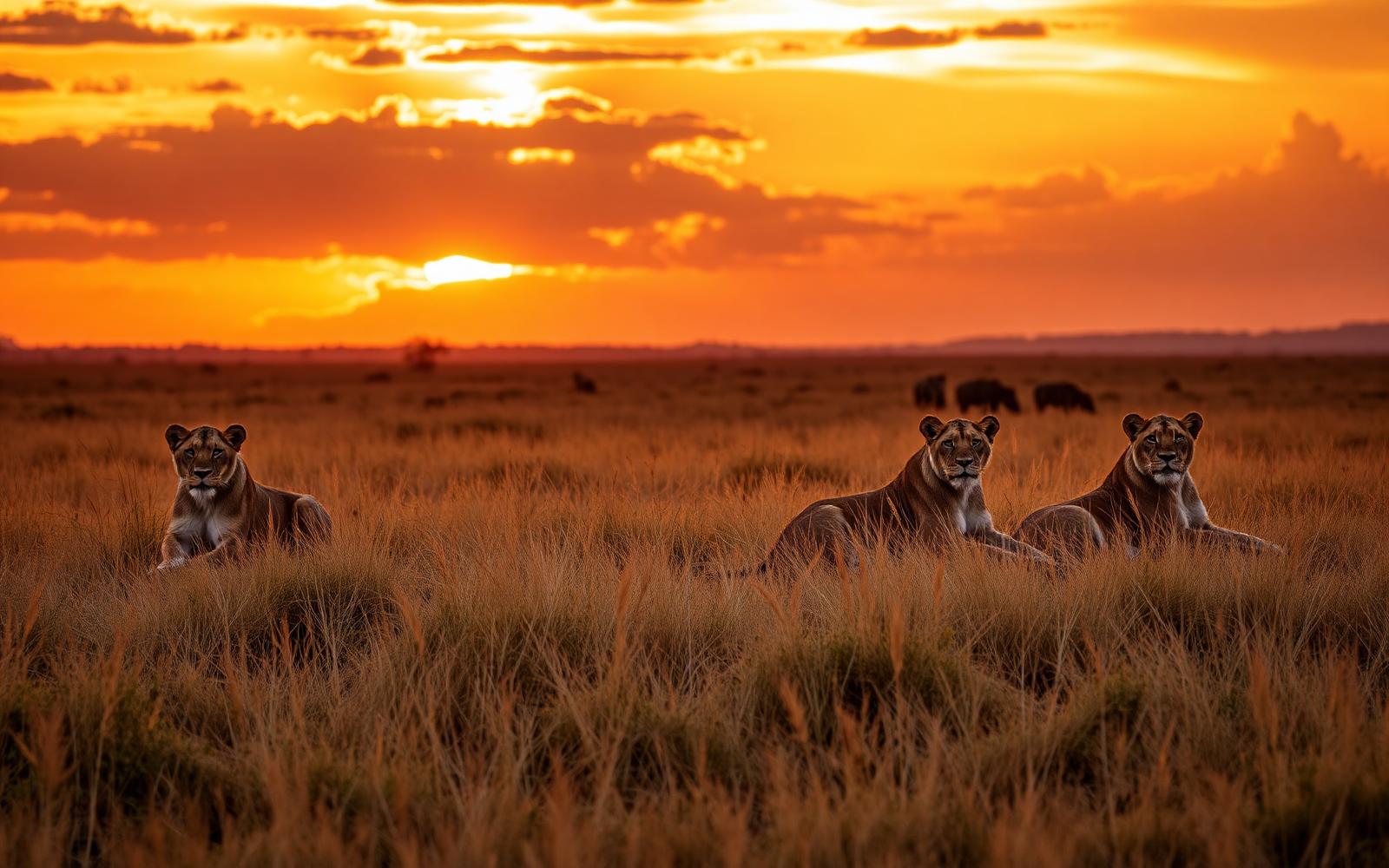 Lions resting in golden savanna grass at sunset in the Maasai Mara