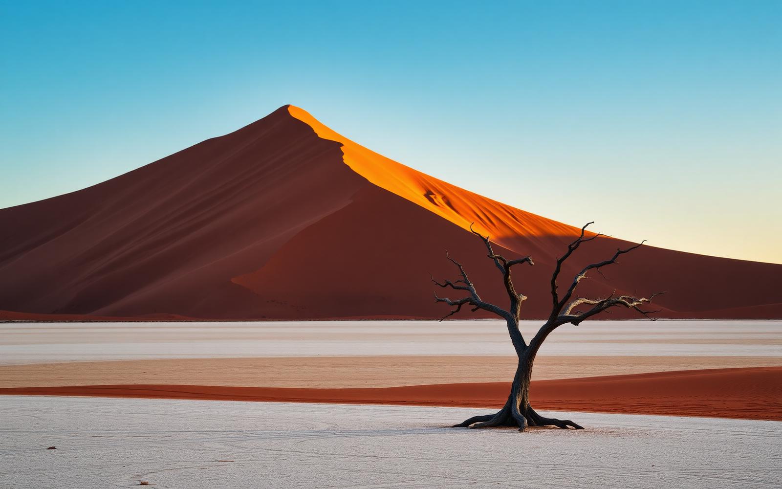 A lone tree on a white clay pan beneath a towering red dune at Sossusvlei