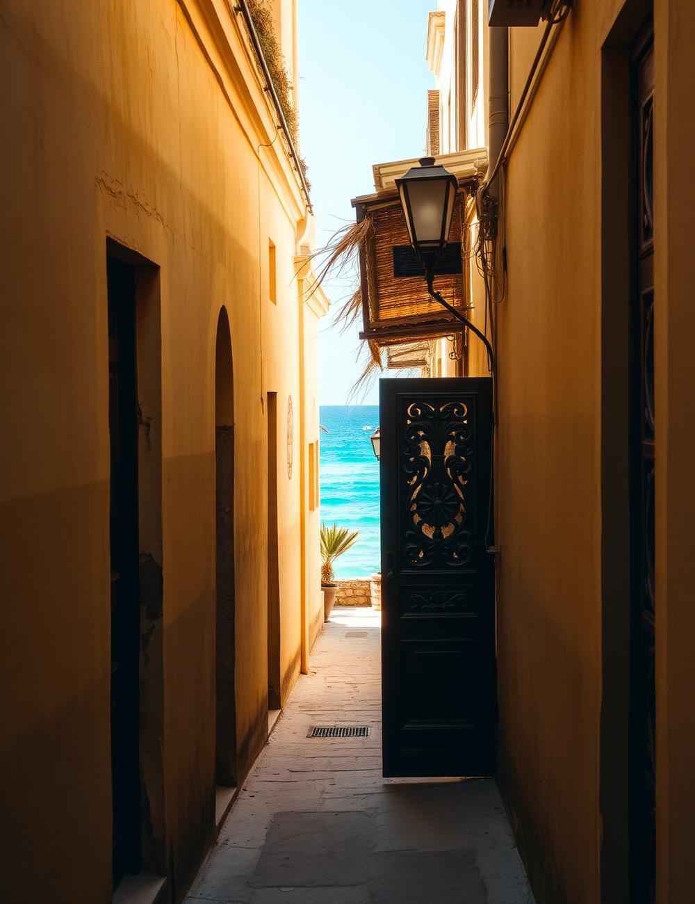 A carved doorway in a narrow Stone Town alley opening onto turquoise sea