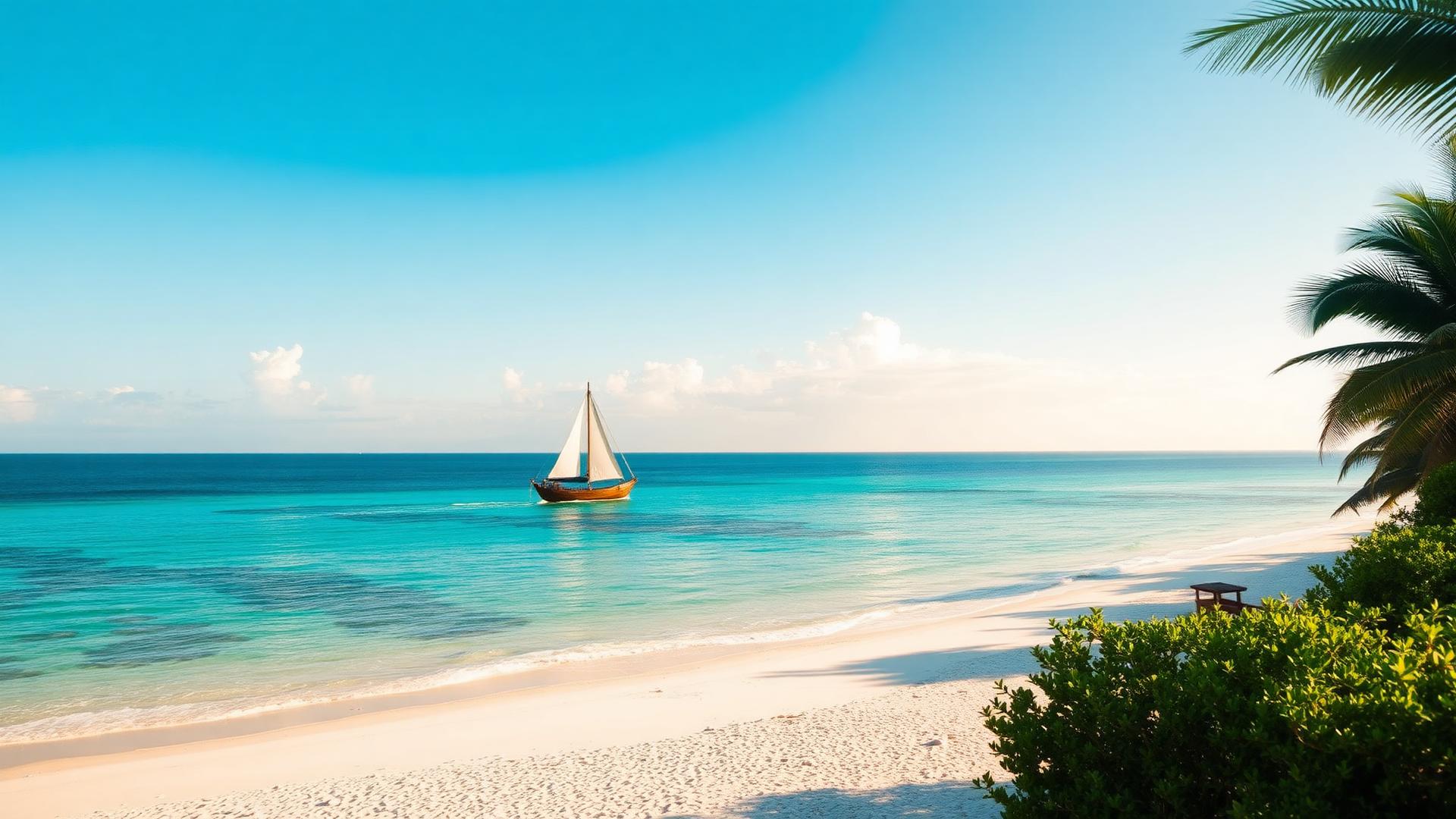 Traditional dhow sailing on turquoise water off a white-sand Kenyan beach