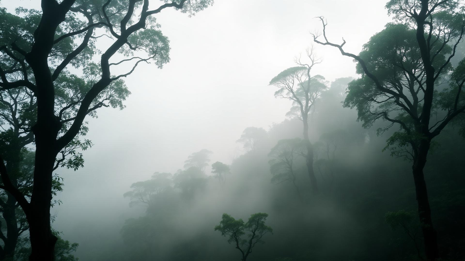 Mist drifting through a highland rainforest canopy at dawn