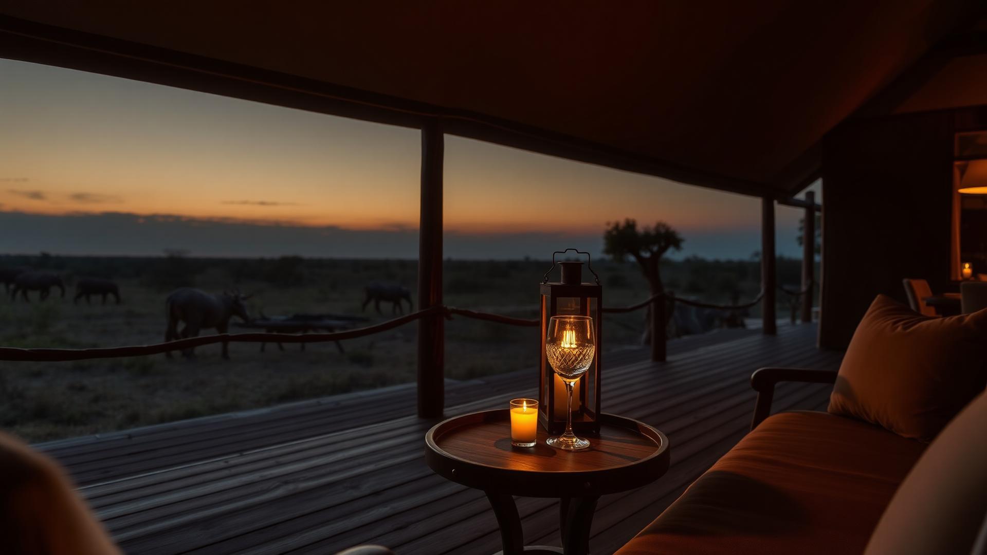 Lantern-lit luxury safari lodge deck at dusk overlooking the savanna