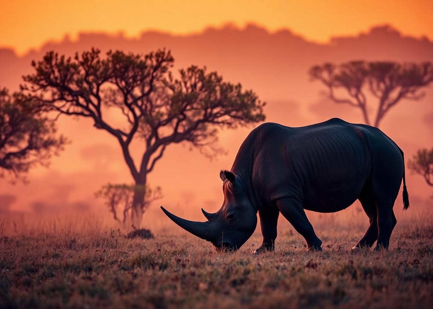 A rhino grazing on the open conservancy plains at golden hour