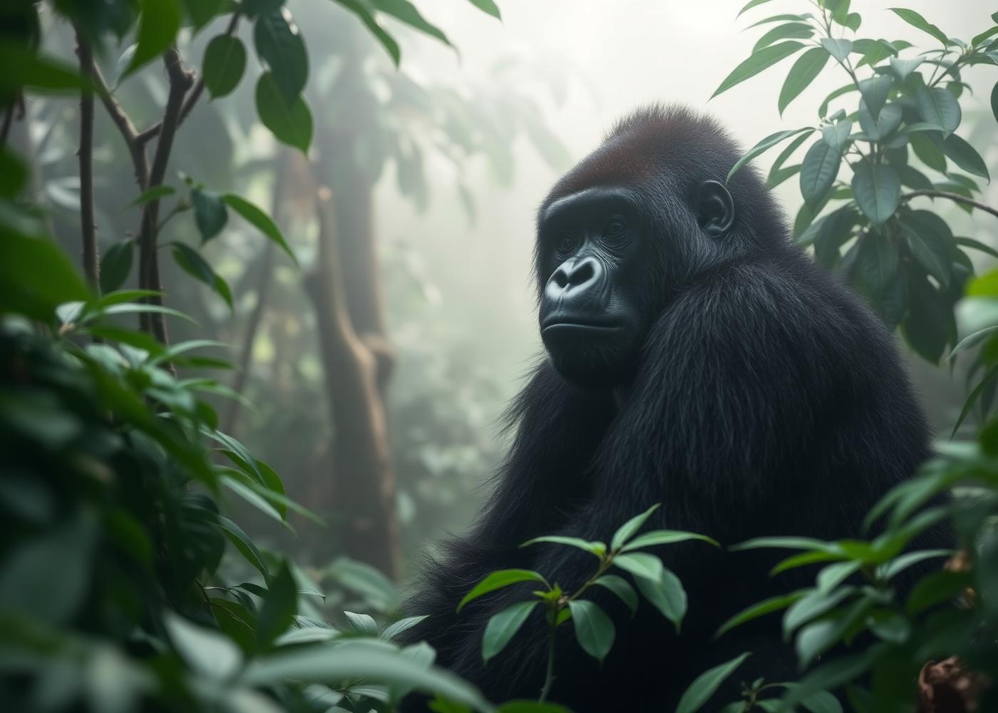 A mountain gorilla resting among lush foliage in the misty Virunga rainforest